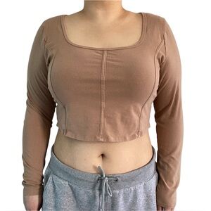 Hollister Co Long Sleeve Seamed Square Neck Crop Top Light Brown Women's Size XL